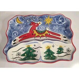Clay Art Stonelite Christmas Tree Serving Dish Platter Hand Painted 2003 Vintage